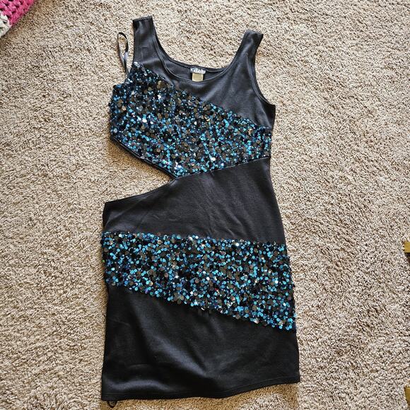 Vtg Y2K 90s Deb Mini Dress Size L Side Cutout Blue Black Sequin Party Club HOCO - Picture 6 of 10